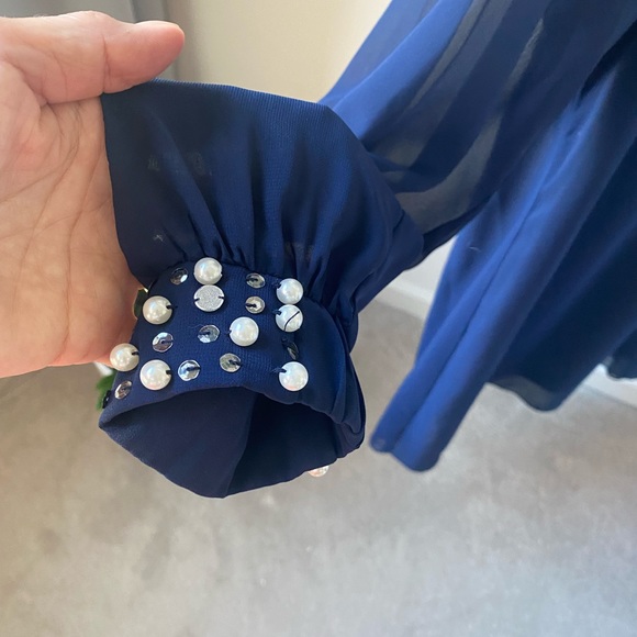 SLNY Navy Blue Long Sleeves Pearls Holiday Dress Size 8 - Picture 10 of 15